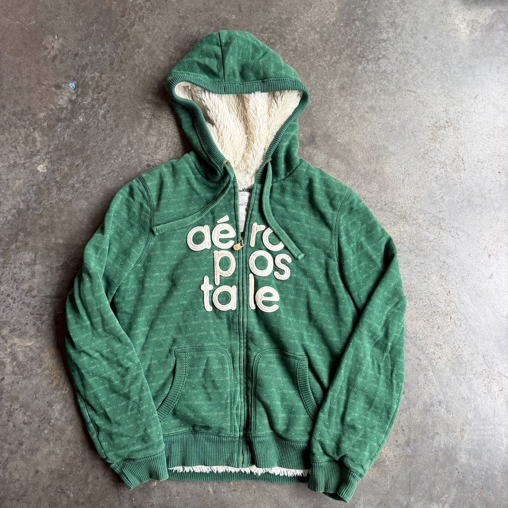 Women's Y2K Aeropostale Athletic Size XL Green Zip Faux Fur Lined Hoodie Jacket
